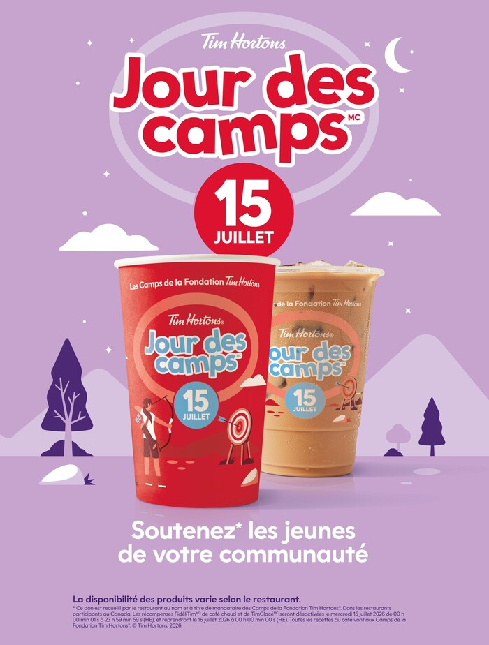 Le Jour des camps de Tim Hortons® est de retour le 15 juillet, et 100 % des recettes du café chaud et du TimGlacé sont versées en dons* aux Camps de la Fondation Tim Hortons! (Groupe CNW/Tim Hortons)